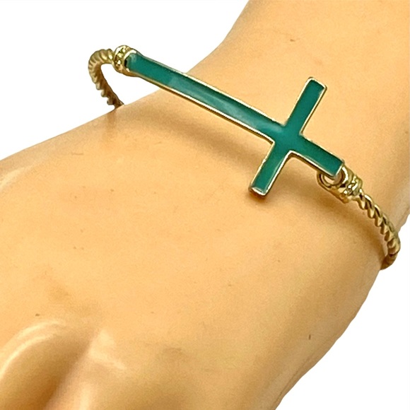 Vintage hinged bangle bracelet horizontal sideways cross gold tone green enamel - Picture 3 of 5